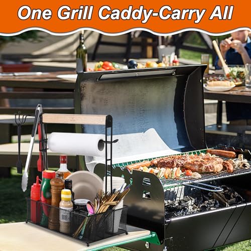 VIKEYHOME Grill-Caddy, Picknick-Grill-Organizer für Camping, Outdoor, Netzkorb mit 3 Haken zum Aufhängen und Papierhandtuchhalter, ideale Tischaufbewahrungswerkzeuge für Wohnmobil/Heckklappe/Besteck