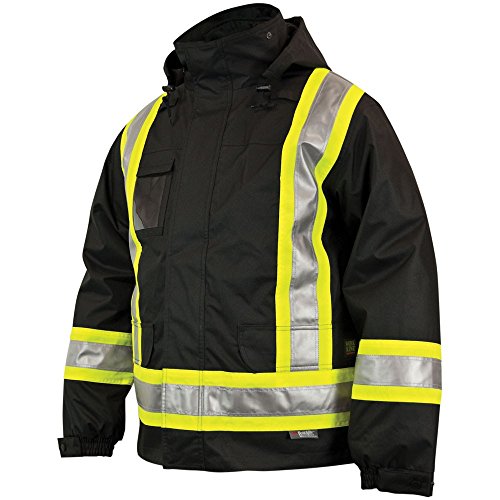 River City Garments 2X Fluorescent Lime PRO Grade Polyester And Polyurethane Rain Jacket With Storm Flap Front Zipper Closure, Attached Drawstring Hood And White Reflective Stripe