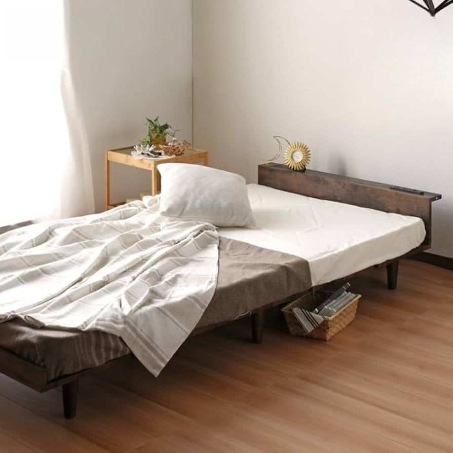 Sシングル◆ブラウン◆北欧スタイルローベッド USBポート2口コンセント木製 Amazon｜北欧風 ローベッド シングルサイズ ベッド シングル S