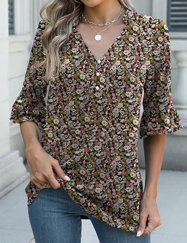 Rapbin Womens 3/4 Length Sleeve Blouses Ruffle Cuffs V Neck Button Down Shirts Dressy Flowy Tunic Tops2