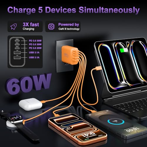 Image of USB C Fast Wall Charger Block, 3Pack 60W USBC Charging Cubes, 5-Port PD+QC Power Adapter Multiport Brick Type C Box Plug for Phone 17 /16 /15 /14 /13 /12 /11 /Pro Max /Plus, Pad Mini /Pro /S25 /S24-Orange