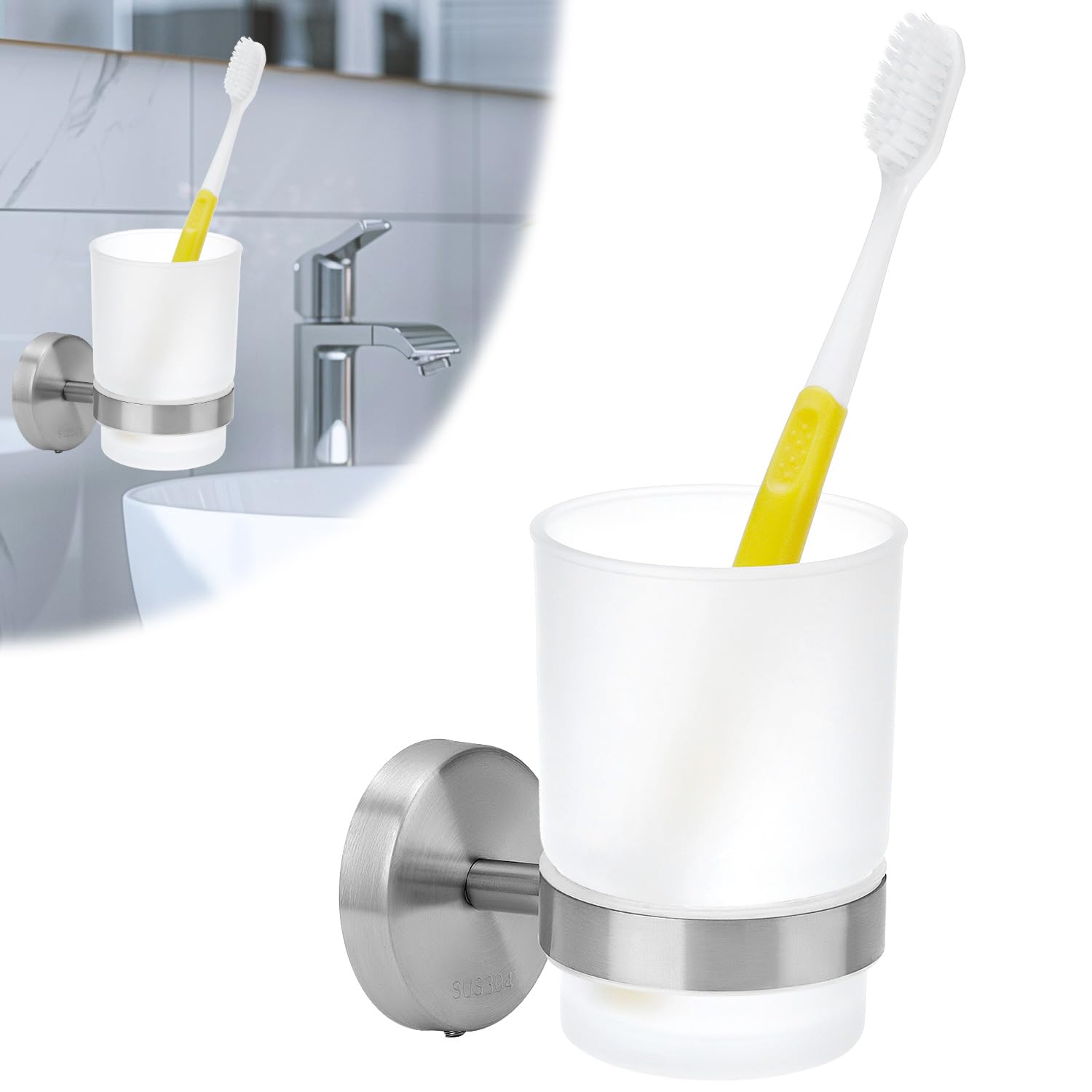 Qwork Silber / Schwarz Qwork® Wall Mounted Toothbrush Holder, Stainless Steel Toothbrush Holder, Toothbrush Holder With 1 Mouthwash Cups