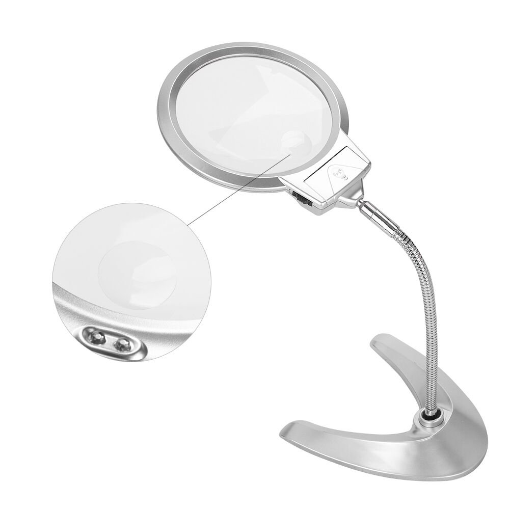 2X 5X Table Desktop Lamp Magnifier Hand Free Metal Magnifying Glass with 2 Lights 130mm Acrylic Letter Lens Large Foldable Magnifier Stand for Reading Inspection Soldering Sewing Repair Hobby Crafts — image 1