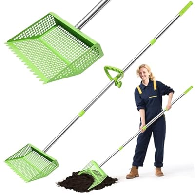 Chicken Poop Scooper & Rake 2-in-1,10 inches Metal Coop Shovel Sand Sifting Shovel with 35" to 62" Adjustable Handle,Cleaning Tools Scoop for Chicken Coops & Farm Animals