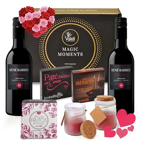 VALELI Cesta Gourmet para Regalar.Caja Delicatessen con Patés Ibéricos, 2 Botellas de Vino 25cl y 2 Velas Decorativas.Regalo Original para Mujer y Hombre, Cumpleaños, dia de la madre (Tinto Roble)