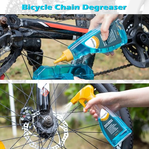 Image of focopot Bike Cleaning Kit with 25 oz Bike Cleaner,10 Gear Floss,Toolbox | 13 Pcs,10oz Degreaser,2oz Lube,Scrubber,Suitable for Mountain /Road /E Bike,Biodegradable Safe Formula,Bike Cleaning Brush Tool