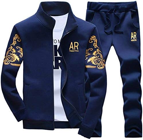 AOTORR Men's Casual Sweat Suit Set Full Zip Tracksuit Jogging Running Sportswear Navy L
