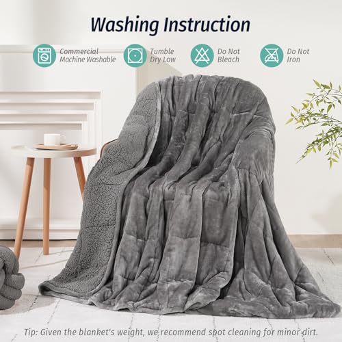 Wemore Sherpa Fleece Weighted Blanket for Adult, 20 lbs Dual Sided Cozy Fluffy Heavy Blanket, Ultra Fuzzy Throw Blanket with Soft Plush Flannel Top, 80 x 87 inches, Grey on Both Sides
