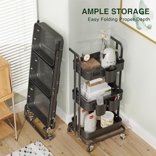 Image of DTK 3 Tier Foldable Rolling Cart, Metal Utility Cart with Lockable Wheels, Folding Storage Trolley, 3 Small Baskets and 6 Hooks for Living Room, Kitchen, Bathroom, Bedroom and Office, Black