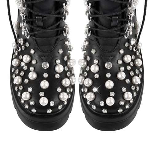 Women's Pearls Rhinestones Studded Platform Ankle Boots Lace Up Strappy Block Heels4