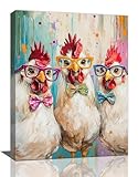 Olivine Rooster Wall Art, Funny Chicken Pictures Wall Decor, Colorful Graffiti Painting Farmhouse Roosters Canvas Prints, Framed Artwork for Bathroom Bedroom Living Room Office Home Decoration 16'x12'