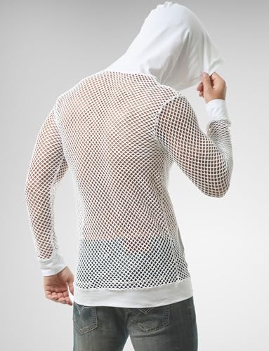 FEOYA Men Fishnet Top Sheer See Through Hoodie Mesh Club Workout Shirts Pullover3