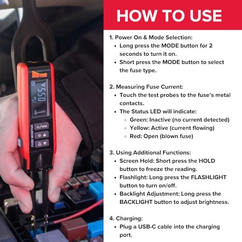 Power Probe PPFUSE Fuse Monitor - Circuit Tester for Mini, Maxi & ATC Fuses – Live Current Readings Up to 80A – Replaceable Tips, and Built-in Flashlight