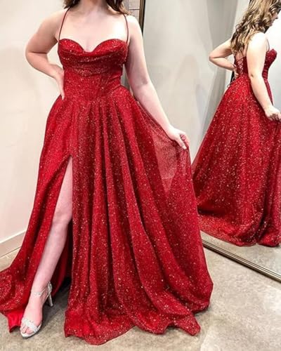 Tsbridal Sparkly Sequin Prom Dresses Spaghetti Straps Long Formal Gowns A-Line Wedding Party Dress with Pockets4