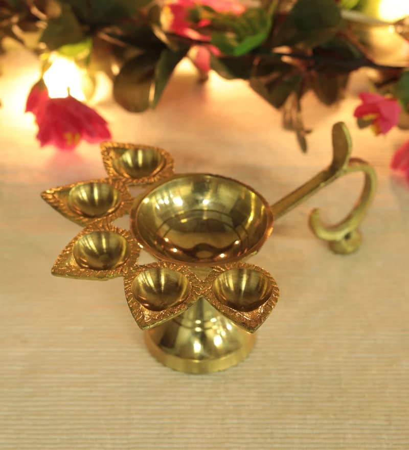 Denique Brass Panch Aarti Diya,Pancharti Oil Lamp Panchmukhi Jyoti Diya for Home Temple Diwali/Navratri/Any Festival & Pooja 1