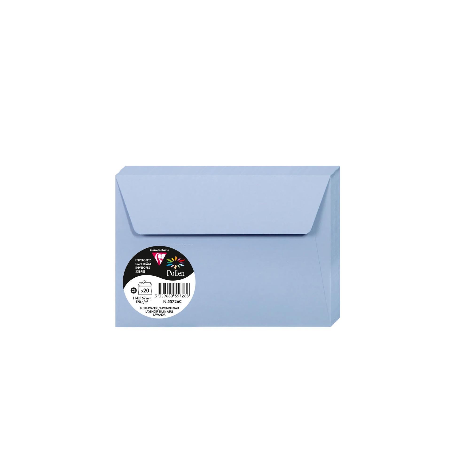 Clairefontaine 55726C Pack of 20 Self-Adhesive Envelopes C6 (11,4x16,2cm) 120g Lavender Blue Invitation Events Correspondence Pollen Range Premium Smooth Paper