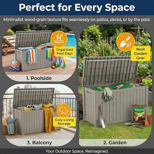 Image of 151 Gallon Resin Deck Box with Lockable Lid - Heavy-Duty Outdoor Storage for Patio Furniture, Garden Tools, Pool Accessories, BBQ Supplies - All-Weather Wood Grain Design