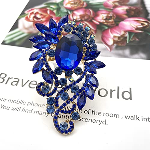 Image of YOQUCOL Vintage Blue Austrian Crystal Rhinestone Leaf Shape Big Large Brooch Pin for Women Girls