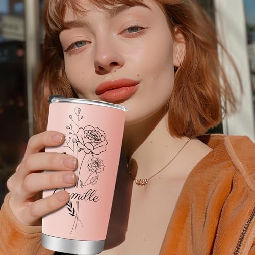 Image of Personalized Tumblers with Names Picture, 15 Colors 20 oz Custom Birth Flower Insulated Tumblers Cups with Straw, Personalized Birthday Gifts for Women Mom Grandma
