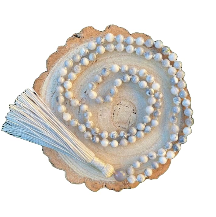 Cuentas Mala de piedra de ágata gris y howlita, collar de 108 mala, nudo mala, collar WWG, joyería de yoga, cuentas de meditación, joyería espiritual, joyería bohemia, 34inch, Gema