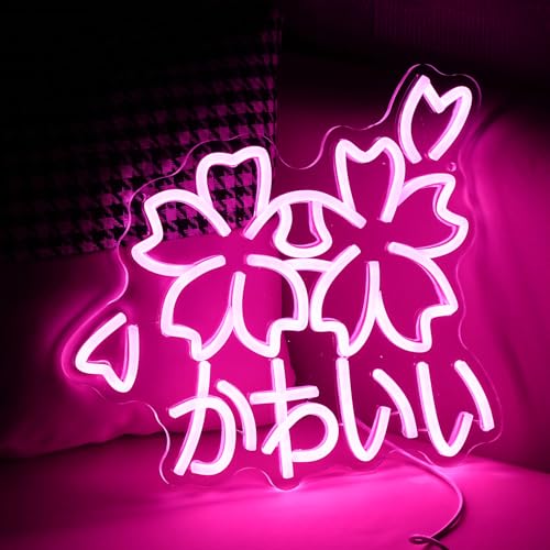 Image of Kawaii かわいいLed Neon Light Sign Japanese Cherry Blossoms Light Up Wall Decor Sign Girls' Room Decoration Birthday Party Christmas Neon Sakura Light (Pink)