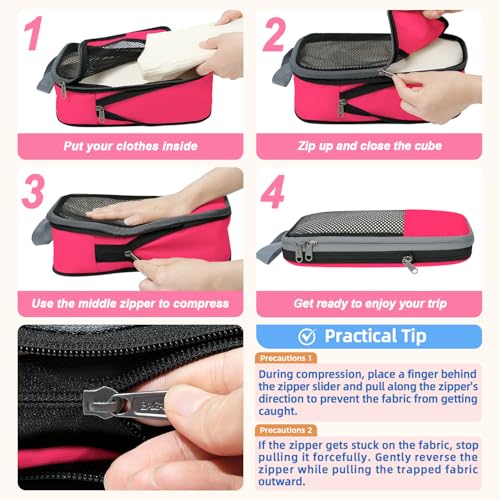 Image of BAGAIL 4 Set /6 Set /8 Set Compression Packing Cubes Travel Accessories Expandable Packing Organizers (Half Mesh, 6-Fuchsia)