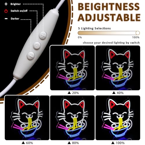 Image of Fortune Cat Ramen Neon Sign for Wall Decor, Japanese Lucky Cat Led Signs for Business, USB Dimmable Cartoon Cat Neon Lights for Noodles Shop Kitchen Home Pub Dinning Room Restaurant Wall Art