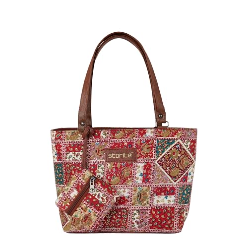Image of Storite Women's Tote Bag with Leather Handles & Embroidery Printed Handbag with Zip Pockets, Shoulder Tote Bag and Handbag for Office and College