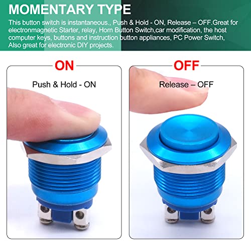Twidec JND-M-19-BU-G 19Mm Waterproof Blue Metal Shell Momentary Raised Top Push Button Switch 3A/12 thumb #4