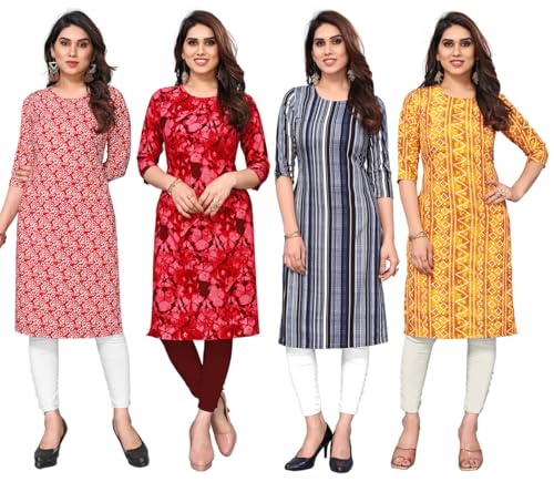 Image of JAKHANA Women's Crepe Printed Casual Straight Calf Length Round Nick Kurta Pack of 4