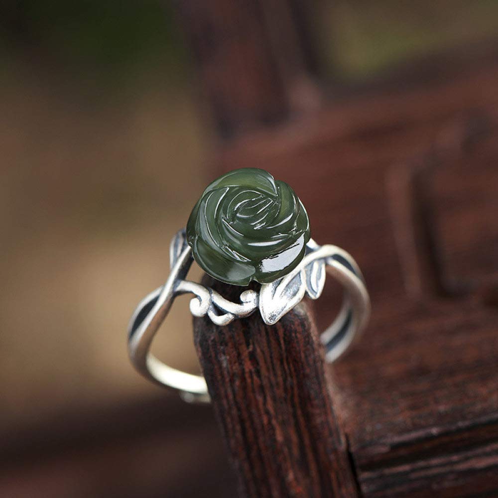 Vintage Estilo Chino S 925 Anillo De Plata De Mujeres Abierto Incrustaciones De Jaspe Rosa Flores Regalo Creativo De Moda De Tendencia De Personalidad Temperamento Elegante