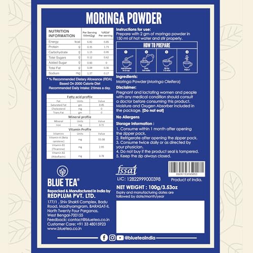 Image of BLUE TEA - Moringa Powder - 100 gm | Essential Nutrients | Superfood | Rich in Vitamins & Minerals | Naturally Boosts Energy and Overall Health | Drumstick Leaf Powder | Ziplock Pack