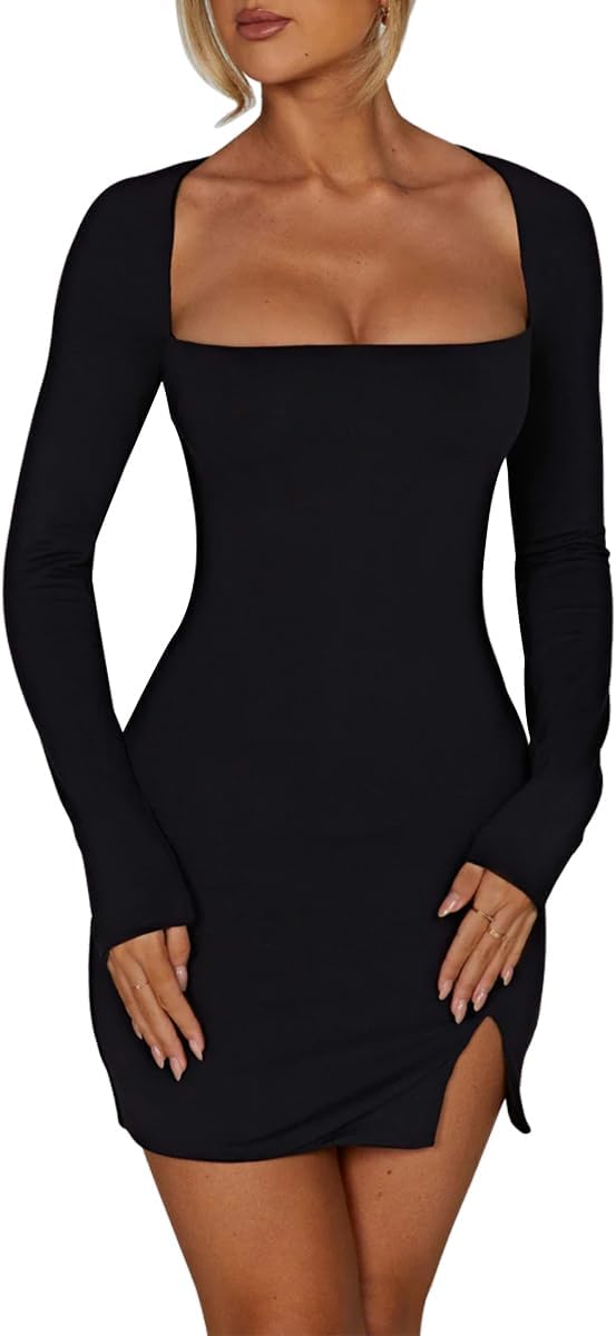 Women's Sexy Drawstring Long Sleeve Square Neck Cut Out Backless Side Slit Bodycon Mini Dress Clubwear - Image 3