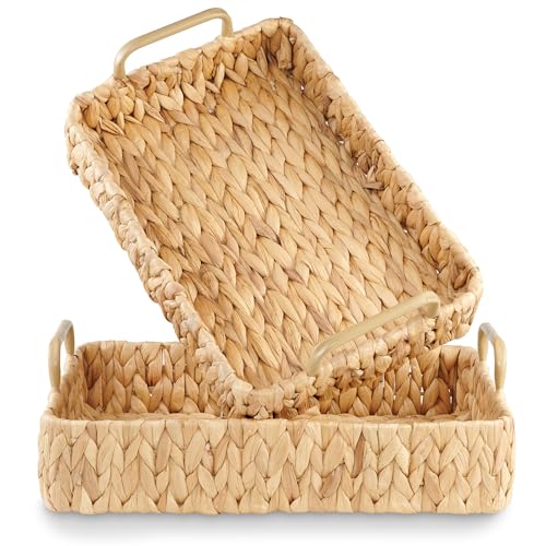 Set of 2 Rectangular Wicker Trays with Handles - Decorative Trays for Coffee Table, Ottoman, Dining Room, Living Room (Natural)