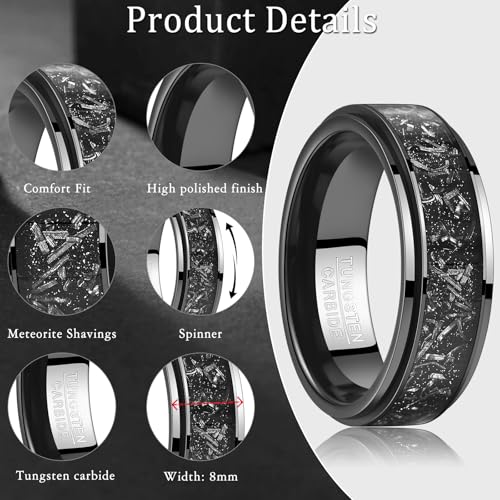 8mm Tungsten Mens Wedding Band, Black Spinner Fidget Rings Meteorite Inlaid, Anxiety Released Spinner Ring for Men Engagement Anniversary Comfort Fit Size 7-124