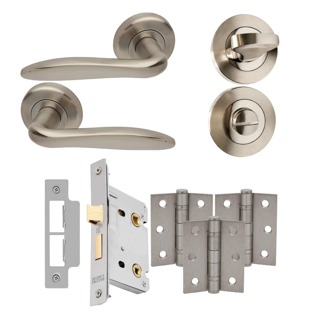 UAP E-Kappa Internal Door Handles Bathroom Pack with Lock, Hinges, and Escutcheon Satin Nickel Polished, 75mm