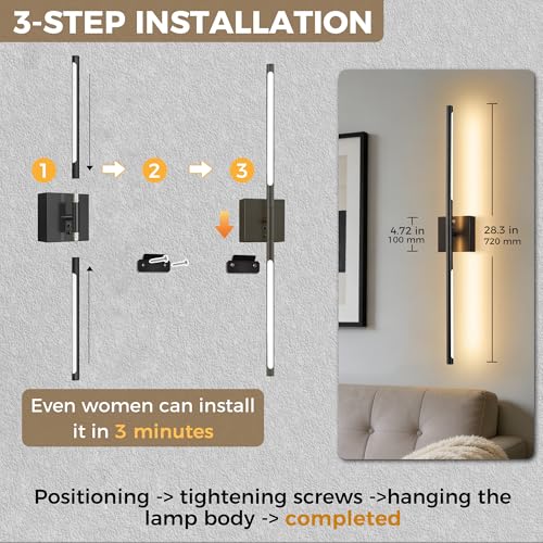 Image of DORESshop Battery Operated Wall Sconces Set of 2, Dimmable Battery Wall Sconce with Remote Control, Black 350Rotate Rechargeable Sconces, 29 Inch Wireless Wall Lights for Bedroom, Living Room