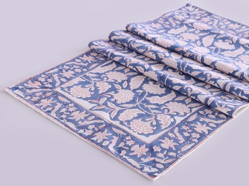 Image of Ravaiyaa - Attitude is everything Cotton Hand Block Printed Table Runner Bed Runner Table Decor (White & Blue Floral)