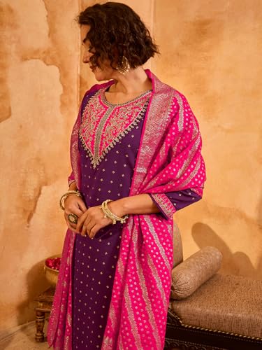 Image of Naixa Women's Silk Embroidered Printed Straight Kurta with Pant |Jacquard Dupatta Set | 3 /4 Sleeve | Round Neck | Festive (Available in Plus Size)
