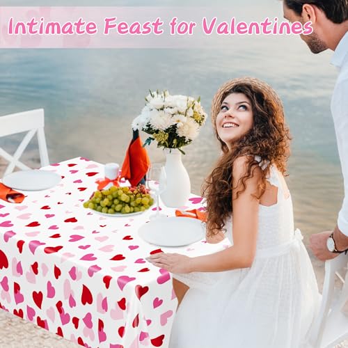 Image of 4 Pack Valentines Decorations, 108 inch X 54 inch Valentines Tablecloths, Heart-shaped Disposable Red Pink Tablecloths Love Plastic Table Cover, Galentines Decorations Party Supplies for Wedding Birthday