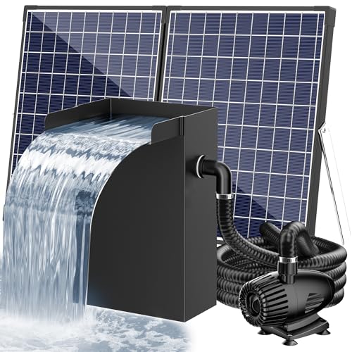 POPOSOAP 55W Solar Pond Waterfall Box with Fountain Pump, 304 Stainless Steel Pond Waterfall Spillway, Pond Spillway with 9.8FT PU Corrugated Tubing for Garden Waterfall,Water Features-P5552H