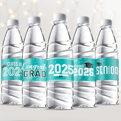 Outus 39 Pcs Graduation Decorations Water Bottle Labels 2025 Congrats Grad Stickers Class of Party Supplies for High School College Nursing Doctorate Graduation Celebration(Teal)