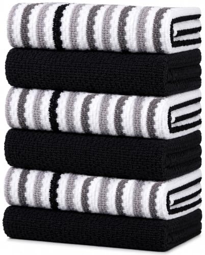 Premium Kitchen Towels (16”x 26”, 6 Pack) | Large Cotton Kitchen Hand Towels | Popcorn Striped Design | Dish Towels | 430 GSM Highly Absorbent Tea Towels Set with Hanging Loop | Black
