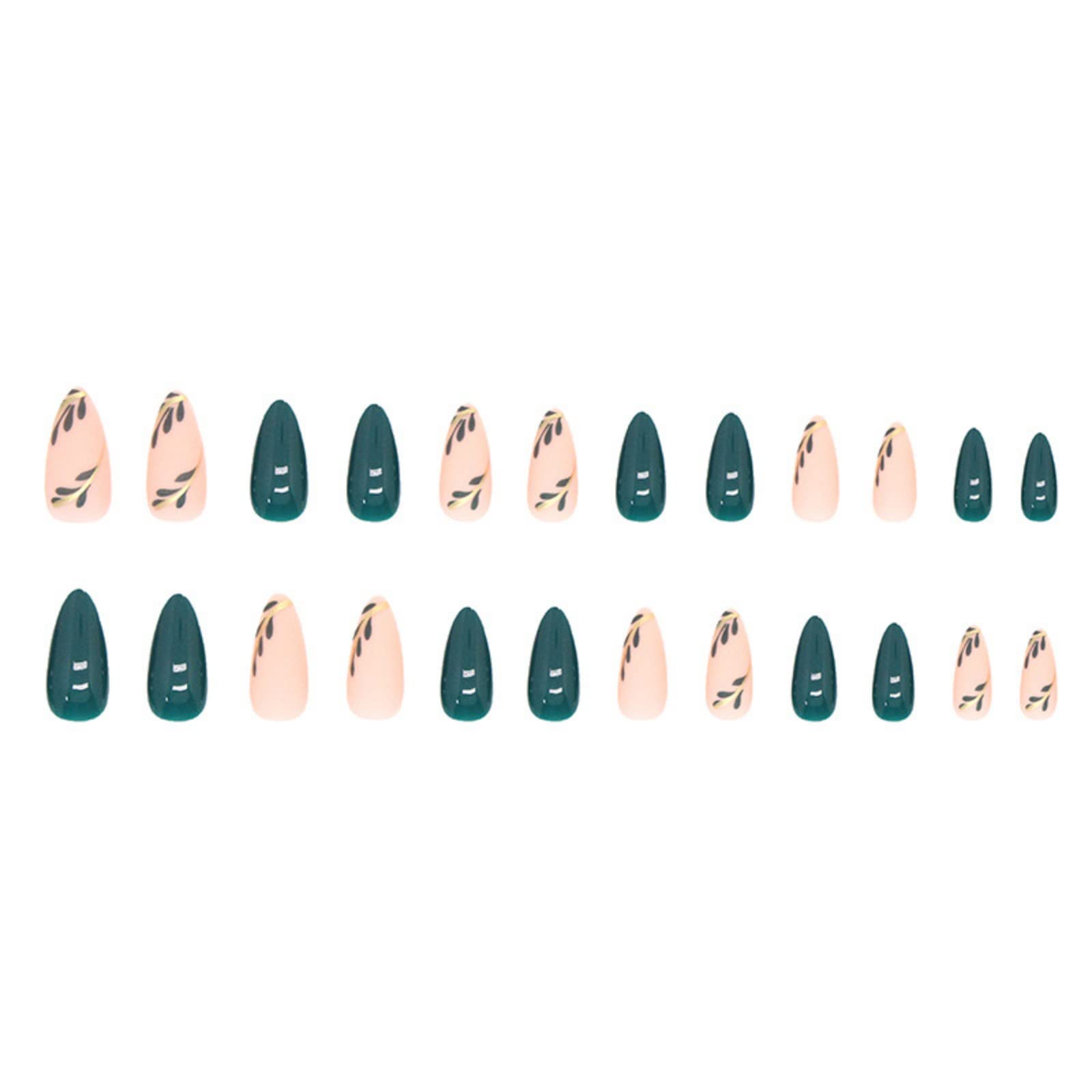 JUSTOTRY 24 Pcs Almond Press on Nails with Leaves Designs,Dark Green French False Nails Short,Pretty Stick on Nail for Women,Medium Oval Fake Nail for Nails Art - Image 3