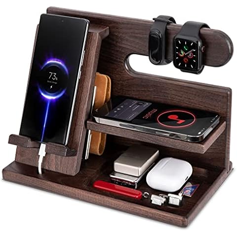 MyFancyCraft,Gifts for Men Wood Phone Docking Station Ash Key Holder Gift for Him Cell Phone Stand Organizer Dad Birthday Husband Anniversary Nightstand Purse Father Graduation Cover