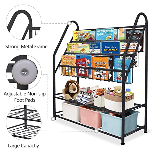 Image of aboxoo Metal Kids Bookshelf Black Large Freestanding for Children Room 32 in Toy Organizer Large Stable Bookcase Bookstore Library Book Unit Storage Kids Bed Living Room