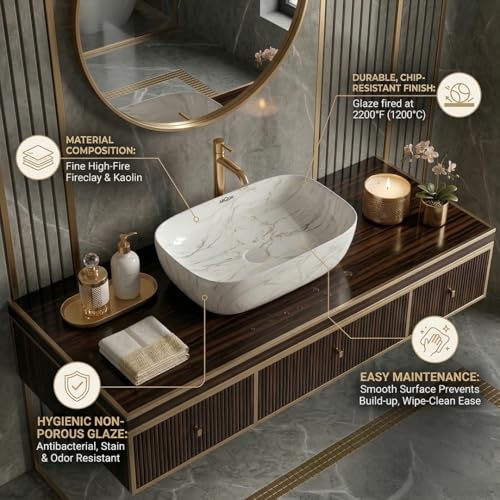 Image of ARQUIN Wash Basin for Bathroom Table Top Washbasin, Countertop Basin | Ceramic Washbasin Bathroom,Hotel | Living Room | Office Vanity Wash Basin (17.91x12.8 x5.31 Inch)