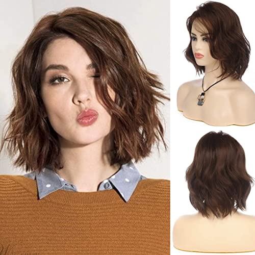 Beweig Short Wavy Brown Bob Wig for Women Synthetic Heat Resistant Side Part Halloween Cosplay