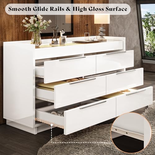 Image of AMERLIFE 47.2 inch W 8 Drawer Dresser with LED Light & Glass Top, Modern High Gloss Storage Chest with 2 Jewelry Drawers, Storage Organizer for Bedroom, White