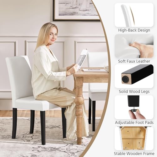 Image of Yaheetech Dining Chairs Set of 2 Faux Leather Modern Dining Room Chairs with Rubberwood Legs and Padded Seat for Kitchen /Living Room /Restaurant, White